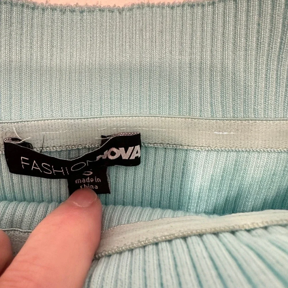 Fashion Nova Two Piece Ribbed Set Blue Turquoise Size Small Rare Jewel Skirt Set